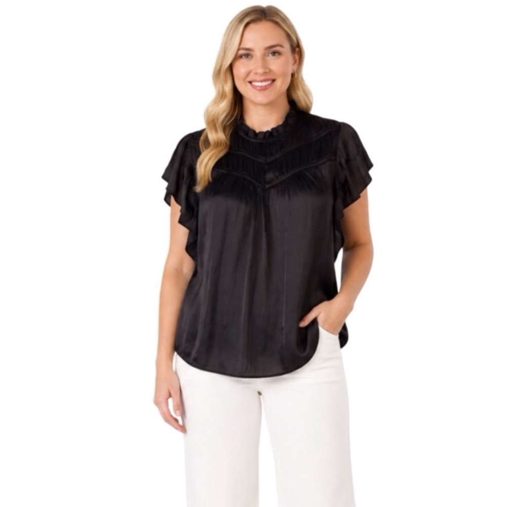 Joie Flutter Sleeve Top Shirred Bodice Ruffle Neck Black Medium